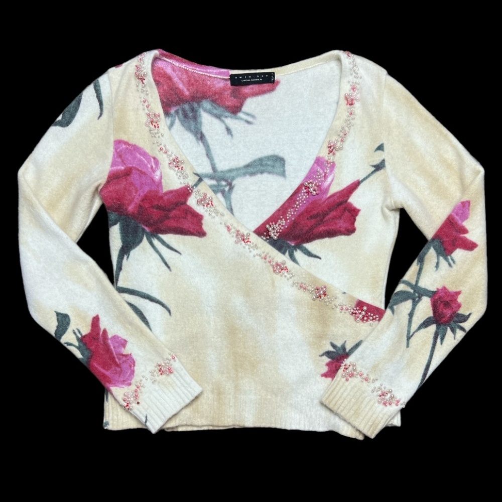 Twin- Set Simon's Barbieri Cream with Red Roses Soft V-Neck Sweater Size L